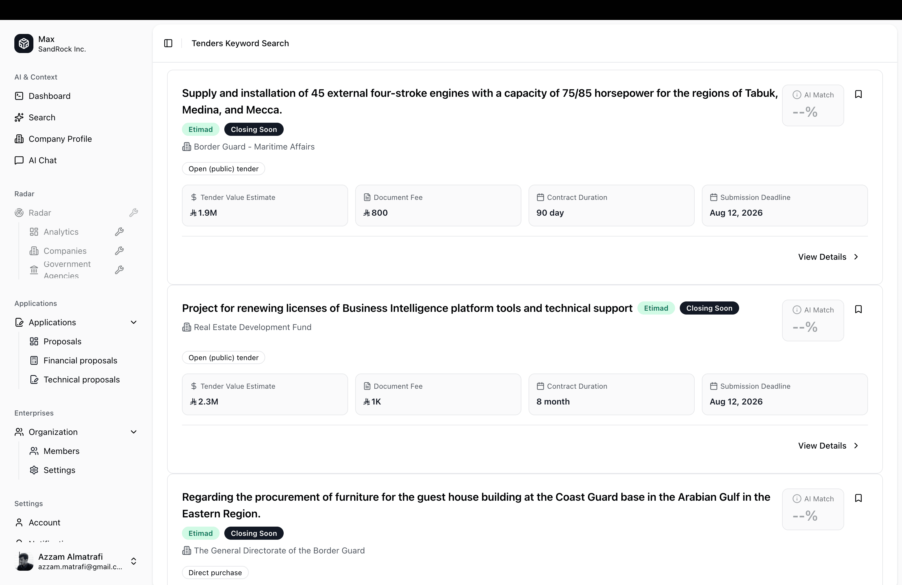 Max AI, showing a tender keyword search: government tenders listed with issuing body, value estimate, document fee, contract duration, submission deadline, and an AI match score.